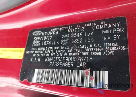 2013 Hyundai Accent Gs from USA, damaged, VIN KMHCT5AE9DU078718